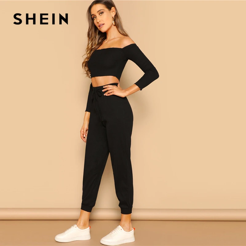 SHEIN Модный Топ С Открытыми Плечами И Спортивные Брюки Женский Спортивный Костюм