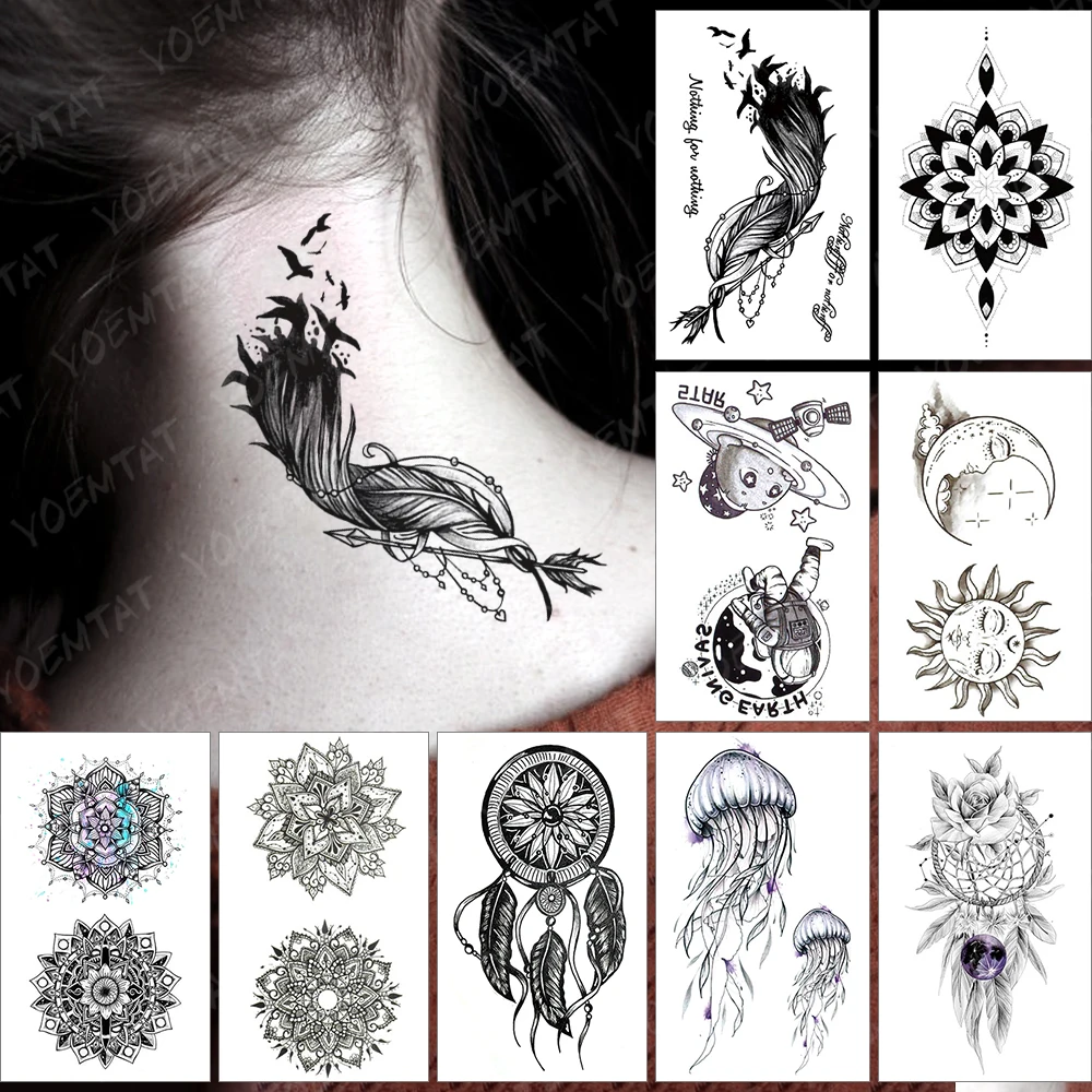 

Waterproof Temporary Tattoo Sticker Feather Black Bird Flash Tatoo Henna Mandala Arm Wrist Fake Tatto For Body Art Women Men