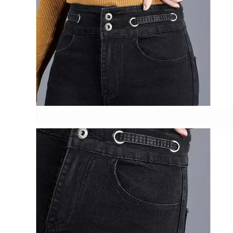 Черные джинсы с высокой талией Новинка осени 2019 женские облегающие двубортные