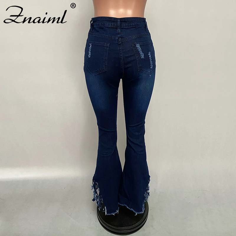 Znaiml Sexy Ripped Hole Denim Jeans Women Fringe Bottom Ruffle Tassels Flare Pants High Waist Bodycon Trousers Streetwear Outfit images - 6