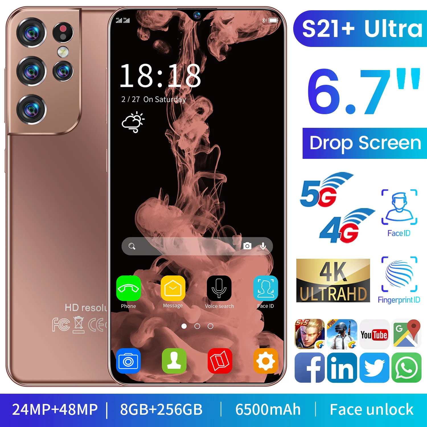 

Смартфон Galxy S21 +, экран 6,7 дюйма, сканер лица, 256/512 ГБ, Android 11, 24 + 48 МП, 6500 мАч, 11 ядер, 5G