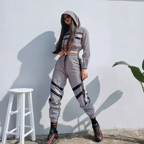 Hip Hop Reflective 2 Piece Set Women Tracksuit Hoodies Crop Top Pants Fashion Female Loose Jacket Coat Matching Sets Plus Size