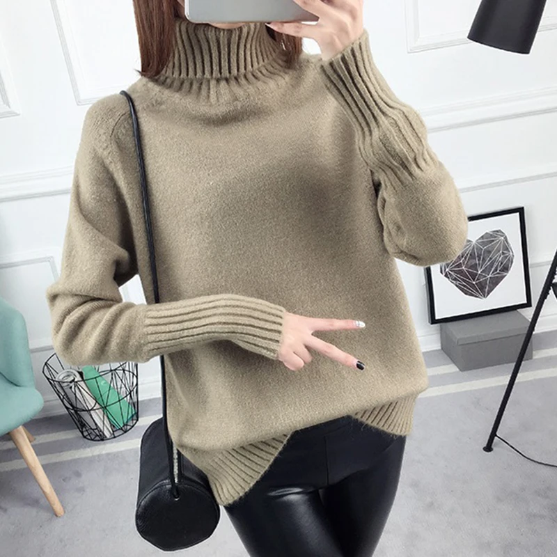 Зимний свитер цвета хаки Женский пуловер с высоким воротником женская вязаная