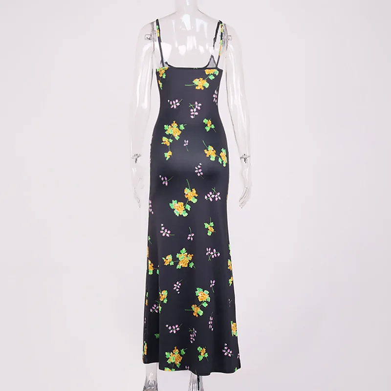 

WEPBEL Dress Women's Sexy Floral Print Slim Dress Summer Fashion Backless V-neck High Waist Spaghetti Strap Dress