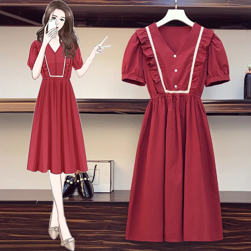 

Plus Size Dresses for Women 4xl 2020 Preppy Style Red Blue V Neck Short Sleeve Button Ruffles Summer Dresses for Women Casual