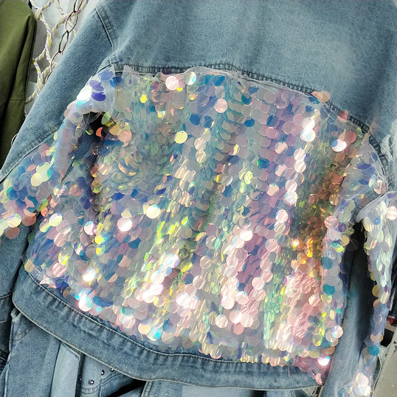 Женская джинсовая куртка с блестками синяя блестящая Куртка Свободного Покроя в