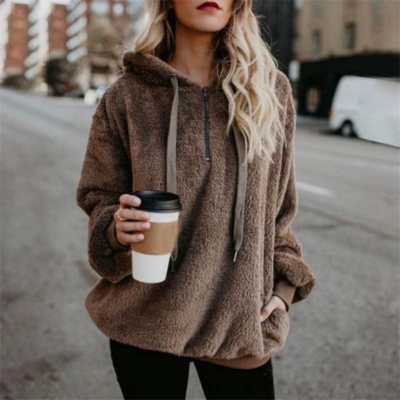 

New Sweater Women Faux Fur Teddy Bear Coat Sweaters Women Fashion Hooded Coat Female Long Sleeve Fuzzy Jacket Oversized