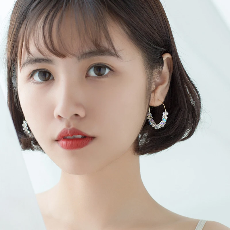 Новый модный с хрустальными бусинами большой круг обруч серьги 925 серебро для