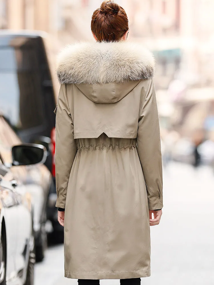 Fashion Fox Hooded Elegant Mink Fur Shearling Parka Women Long Winter Jacket Zipper Coat Clothes