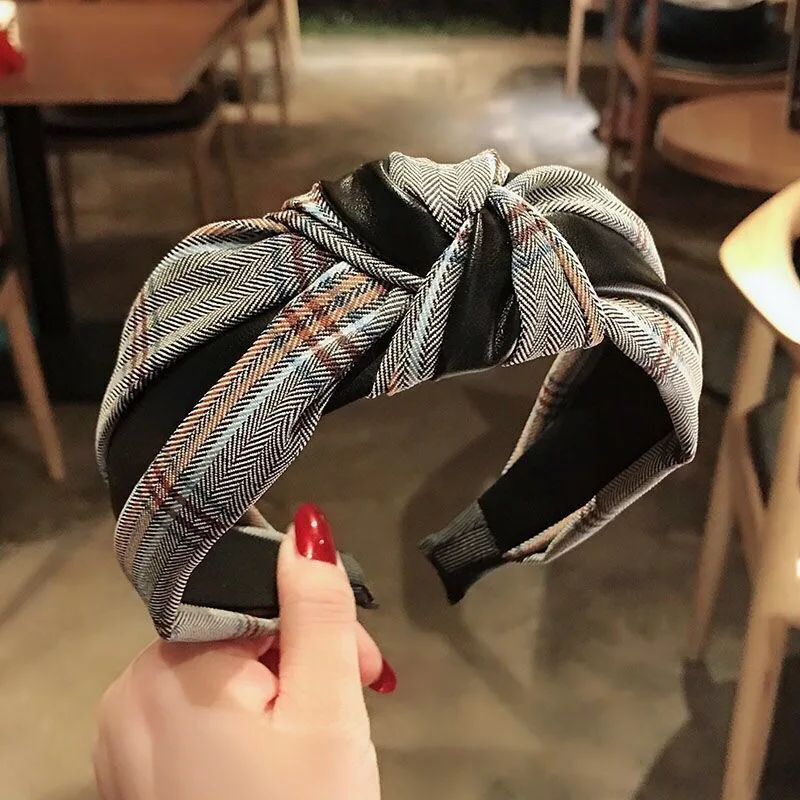

Classic Check Striptype Knotted Hairband Retro Double Color Twill Cloth Wash Face Lady Hair Hoop Wide Edge Knot Women Headband