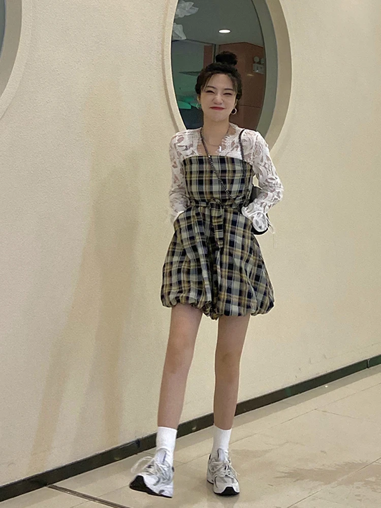 

2021 Spring New Women's Plaid Lace Midi Strap Jumpsuit Casual High Waist Wide Leg Jumpsuits Ladies One Piece Outfit Dropshipping
