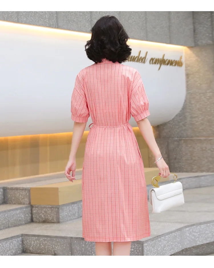 

Women's Dresses Plus Size Loose Plaid Lady Dress New O-neck Fashion Casual Dresse A-LINE Mid-Calf Chiffon Houthion