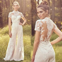 luxury lace jumpsuit wedding dresses 2021 high neck short sleeve tulle ivory long pants bridal gown with pockets button back