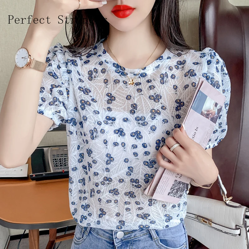 

2021 LeisureWomens Tops and Blouses Short Sleeve Shirts Women Round Collar Chiffon Women's Blouse Vintage Top Female