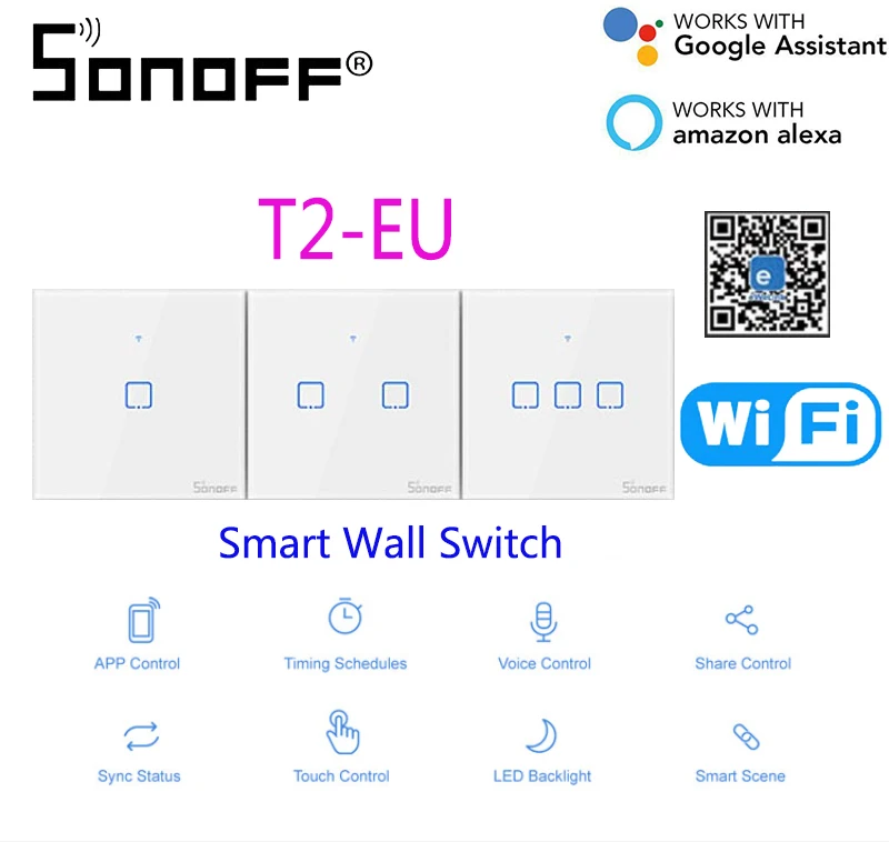 Смарт-переключатель SONOFF T2 ЕС Wi-Fi 1/2/3 клавиши настенный сенсорный переключатель