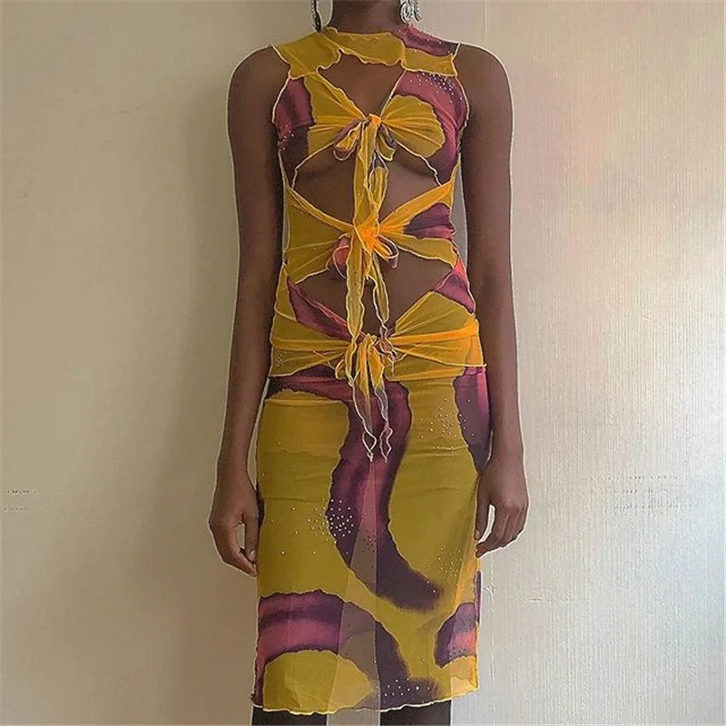 

Tie Dye Printing See-through Mesh Dress Ladies Sexy Hollow Bandage Bodycon Evening Dress Winter Elastic Club Nightclub Dress