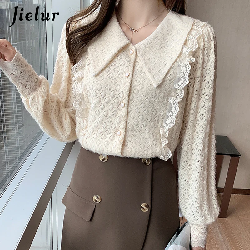 Jielur Весна Топы Блузки женские кружевные рубашки 2021 Мода S-XXL в стиле Питер Пэн