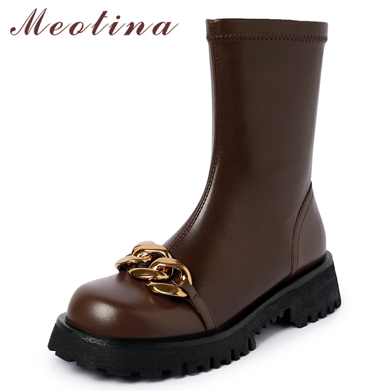 

Meotina Women Shoes Genuine Leather Ankle Boots Platform Thick Med Heel Boots Chain Round Toe Lady Footwear Autumn Winter Black