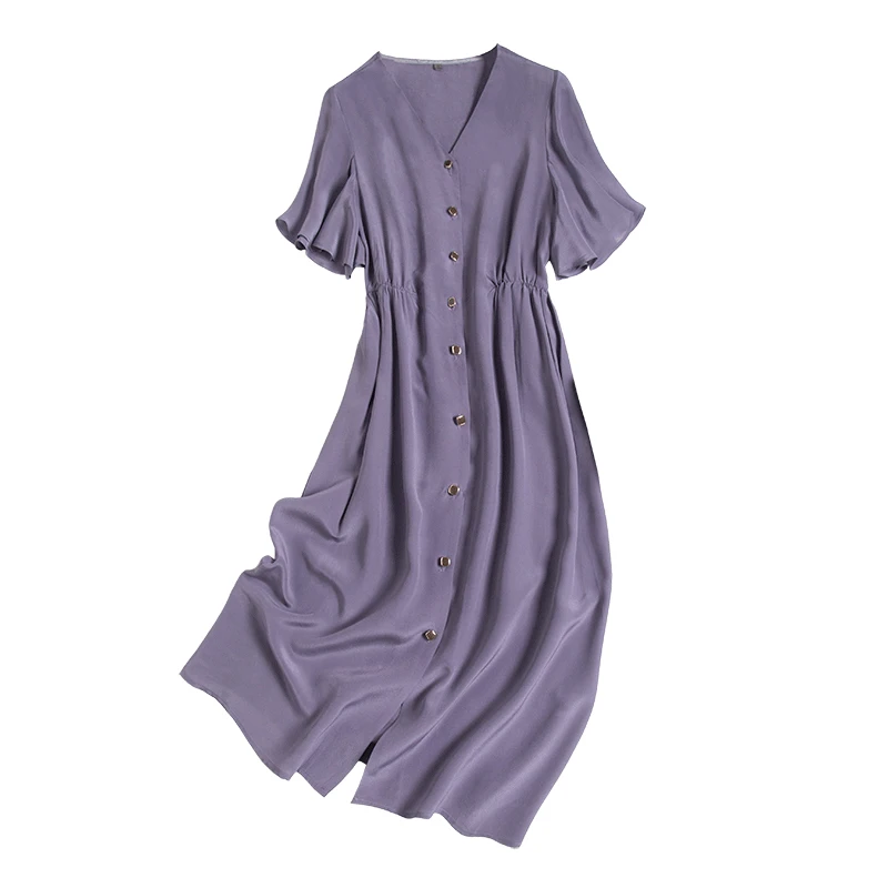 

French V-Neck Lotus Leaf Sleeve Silk Woman Dress Purple Single-Breasted 2021 Spring And Summer New Shirt