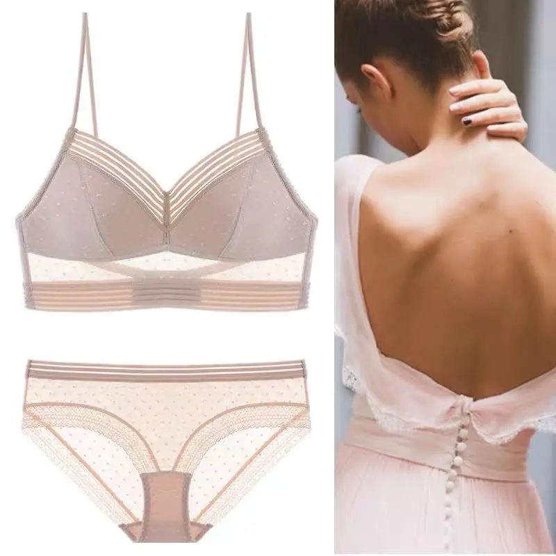 

Women's Underwear Frameless Breathable Sexy Bra U-Shape Backless Lace Lnvisible Bra Thin Cup Stripe Poly Dot Bra Set