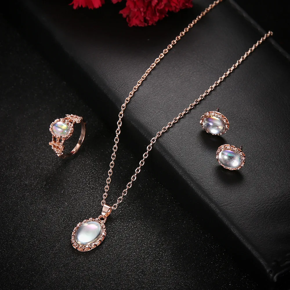 

2021 latest fashion color ring necklace earrings 3-piece suit fashion all-match jewelry female