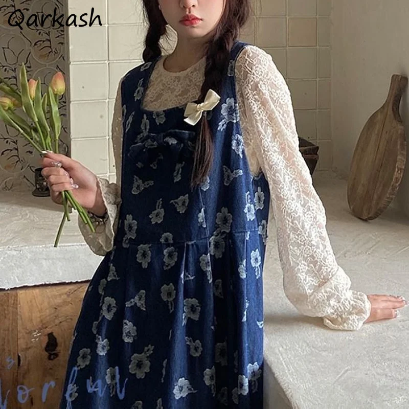 

Floral Dresses Women Gentle Fashion Square Collar Sleeveless Mid-calf Dress Streetwear Girls Sweet Simple Casual Loose Ulzzang