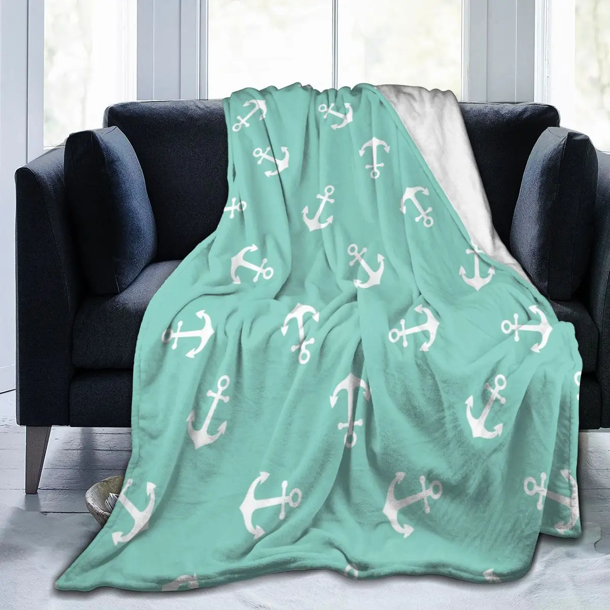 

Flannel Blanket Anchor Mint Green Pattern Ultra-Soft Micro Fleece Blanket for Bathrobe Sofa Bed Travel Home Winter Spring Fall