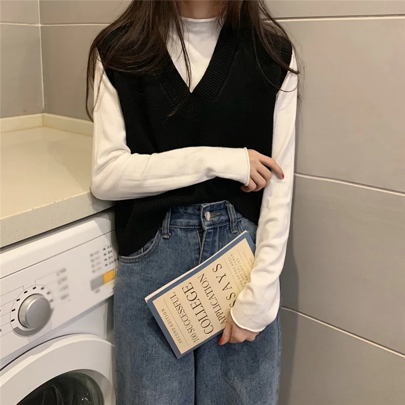

Women's Knitted V-neck Solid Sweater Vest Autumn Winter Sleeveless Loose Sweaters Vests 2021 Fashion Korean Sweet Girls Tops