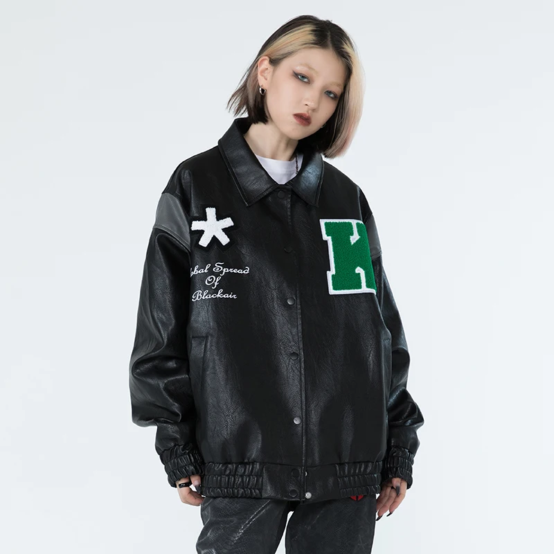 

Women's autumn jacket Faux Leather Jacket Coat Letter embroidery Turndown Collar PU Motorcycle Jacket Loose Streetwear Outerwear