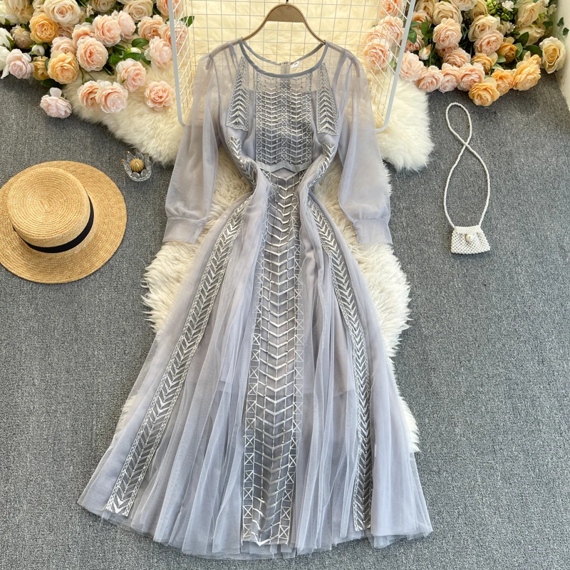 

2021 Lace Elegant Embridery Party Autumn High Waist A-Line Long Sleeve Spring Midi Dress Vintage Boho Solid Pink Dresses Women