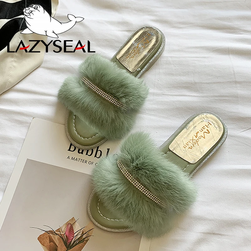 LazySeal/шикарная обувь; женские тапочки на натуральном меху; теплые пушистые тапочки на плоской подошве; женские сандалии со стразами; женские шлепанцы; вьетнамки