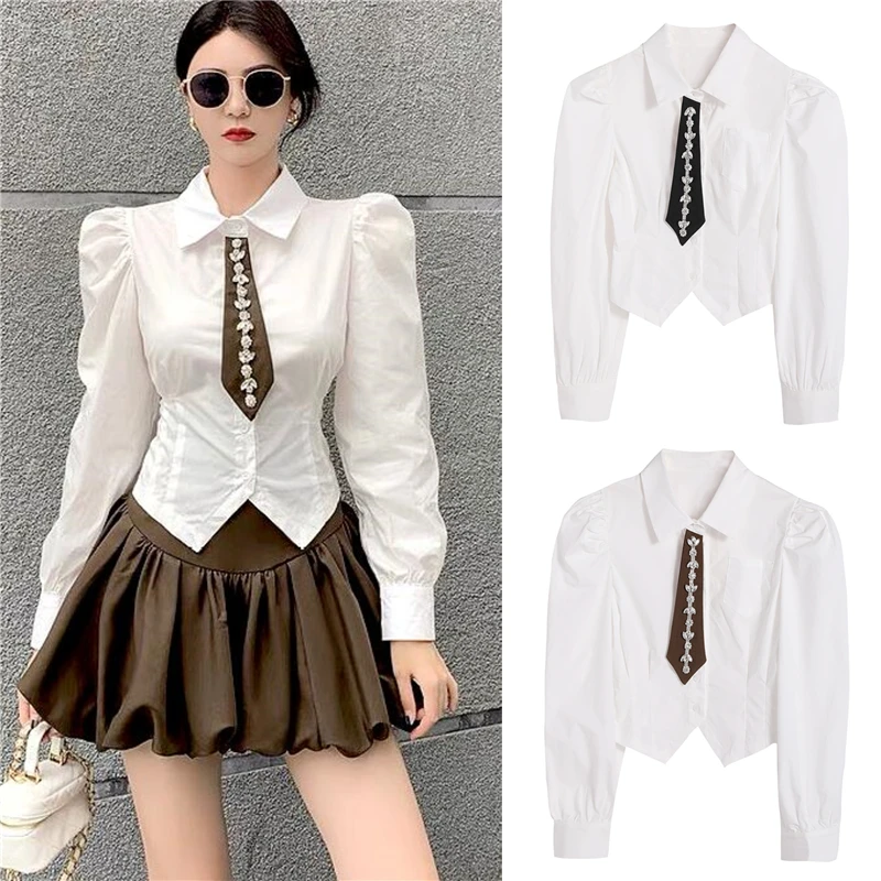 Женская одежда 2023, осенняя блузка с рукавом фонарик, Женский шикарный топ с резиновым галстуком, короткие рубашки, женская рубашка SL301