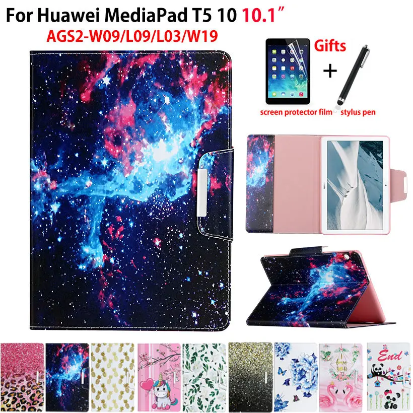

For Huawei MediaPad T5 10 Case AGS2-W09/L09/L03/W19 10.1" Cover Funda Tablet Cartoon Print Silicone PU Leather Shell Capa +Gift