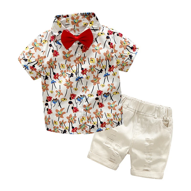 

New Little Flower Print Summer Boys Clothing Set Handsome Bow T-shirt And Pants 2Pcs Suit For Kids Children Birthday Present