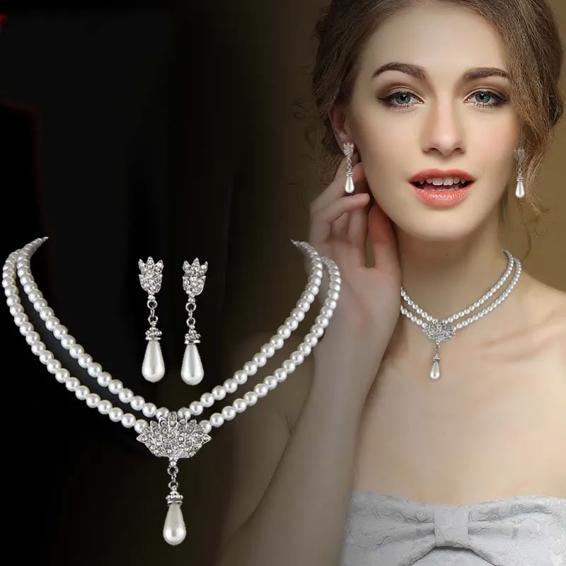 

European And American Jewelry Bride Pearl Crystal With Short Collarbone Neck Necklace Set Earrings Korean Version Temperament
