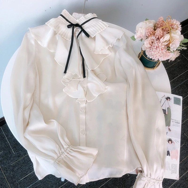 

2021 spring new temperament wood ear folds all-match shirt tie tie shirt women