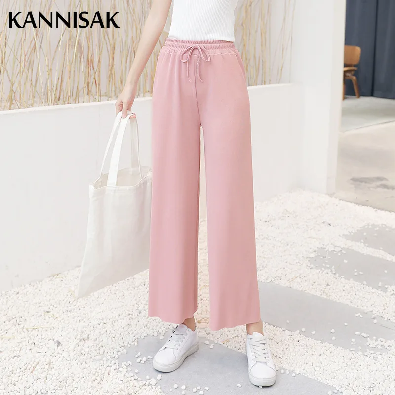 

2021 New Spring Summer Pants Women Ice Silk Wide Leg Pant High Waist Loose Ankle Length Elastic Waist Casual Ladies Trousers
