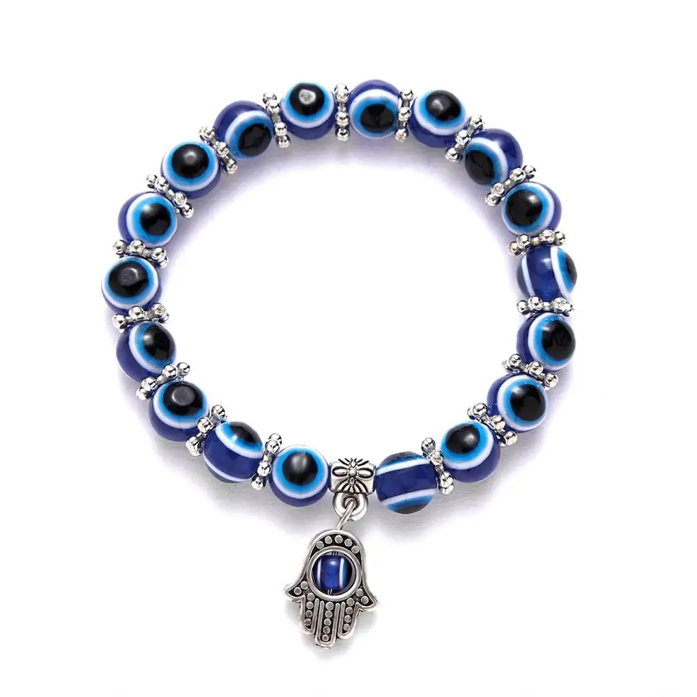 

Rinhoo Fashion Blue Evil Eye Hamsa Hand Fatima Palm Bracelets for Women Bead Charm Bracelet Ethnic Style Handmade Jewelry