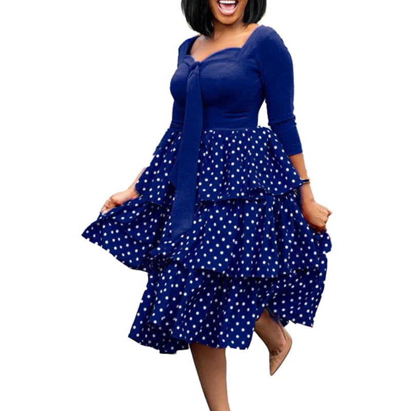 

African Print Dresses for Women Dashiki Polk Dot Patchwork African Clothes Plus Size Vestidos Africa Cake Dress Party Club Robe