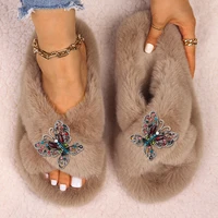 womens slippers fluffy flip flops furry slides rhinestone butterfly alloy slippers flat faux fur sandals female platform shoes