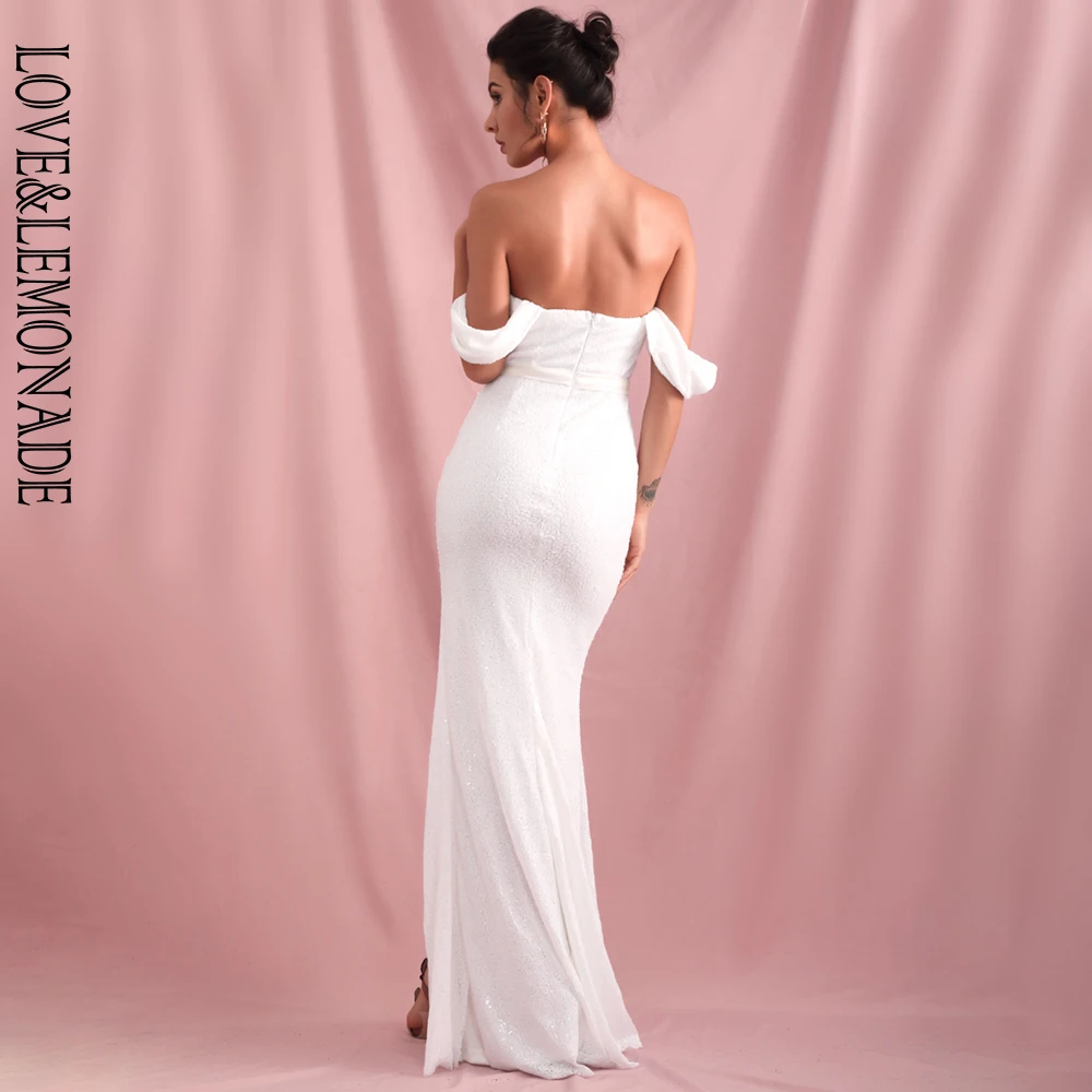 

LOVE&LEMONADE Sexy Tube Top Drop Shoulder Sleeve White Sequins Whit Split Fishtail Party Maxi Dress LM82061