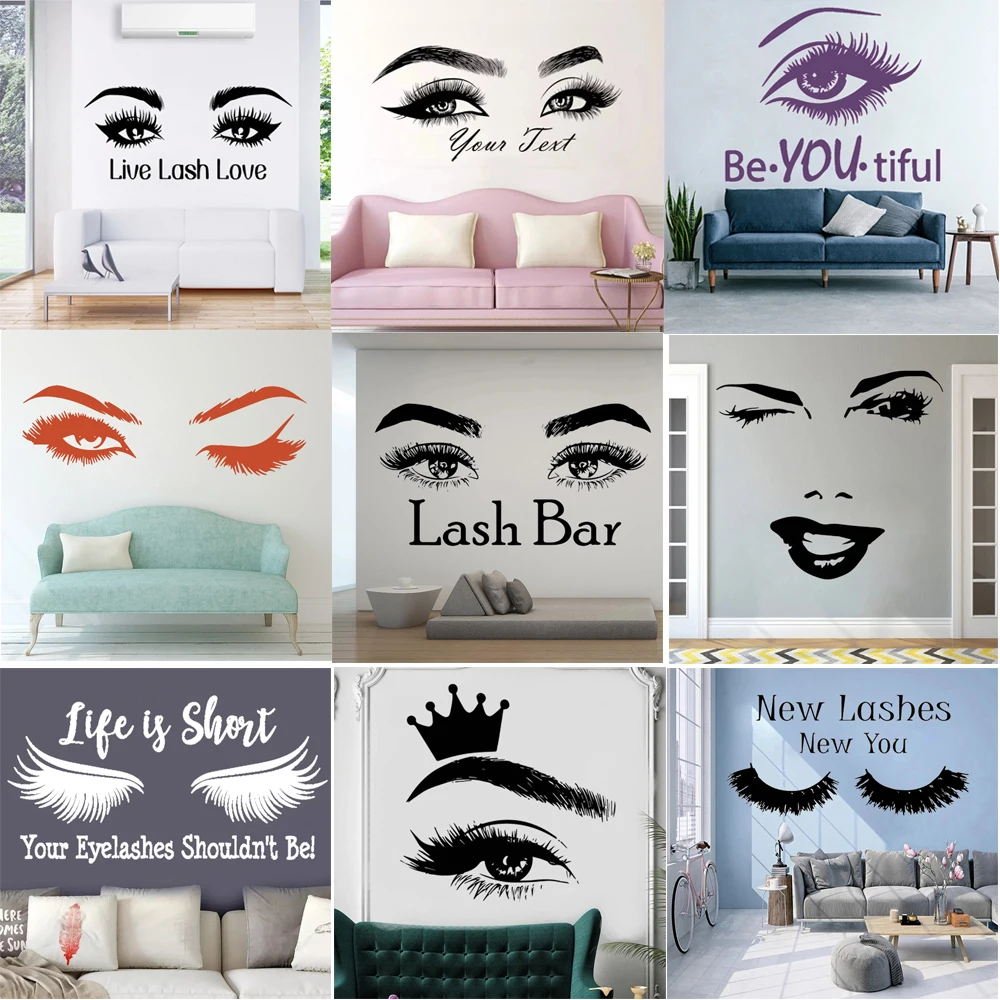 

Vinyl Eye Wall Decals lashes Beautiful Girl Beauty Salon Decoration Custom text Eyebrows Make Up Custom Stickes Decor RU9992