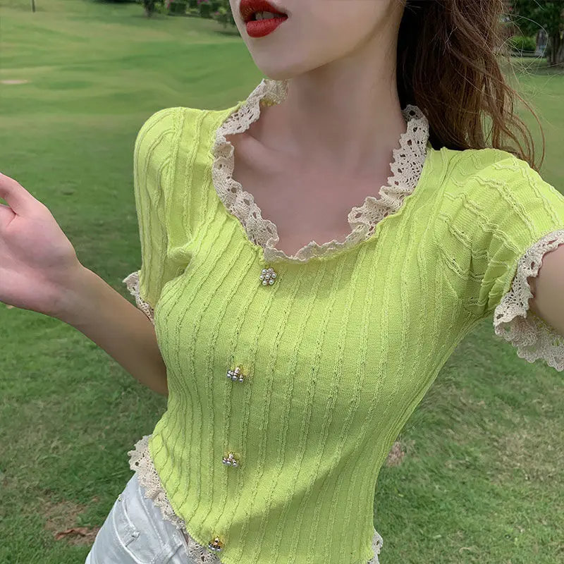 

Woman TShirts Retro Lace Square Collar Top Knitted Women's Summer Short-Sleeved T-shirt Crop Top Mujer Camisetas