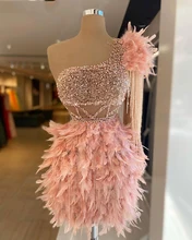 Pink Short Evening Dress Luxury 2021 with Feather African  One Shoulder Beaded Women Formal Party Gowns Special Occasion Dress (1)
