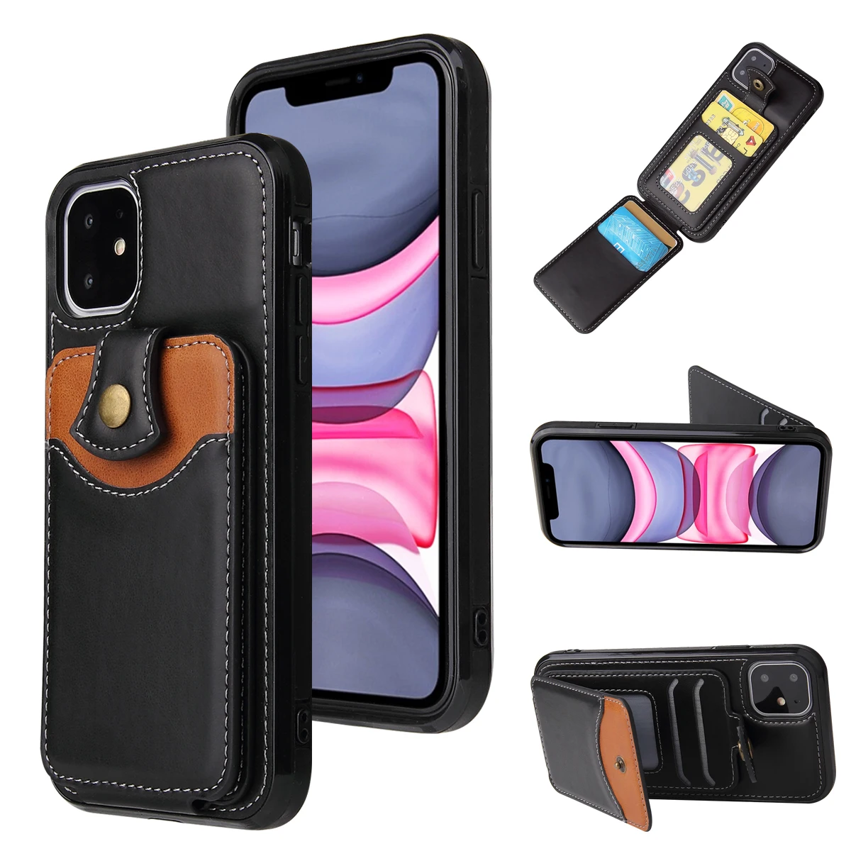 Черный Ретро из искусственной кожи чехол для IPhone 11 Pro X Xr XS Max 6 7 8 Plus слот для карт чехол держатель для Note 10 Pro huawei P30 Pro задняя крышка - Цвет: Черный