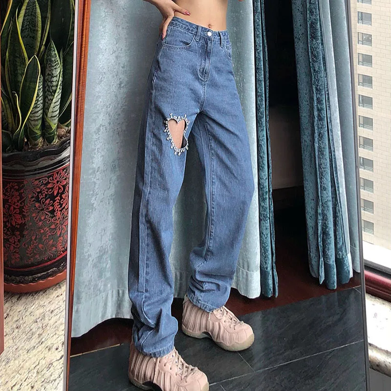 

Spring and Summer New Style Women's Solid Color Loose Fashion High Waist Hole Casual Jeans Pants Women
