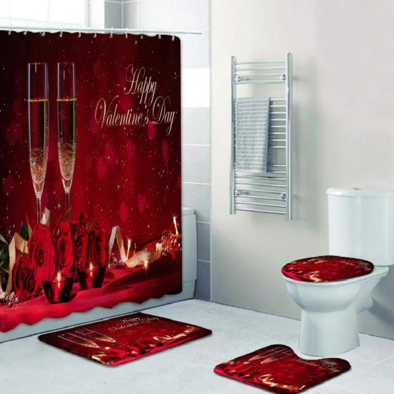 

3D Printing Shower Curtain Set Valentine's Day Home Shower Bathroom Product Bathroom Floor Mat Base Mat Toilet Mat Combo Set