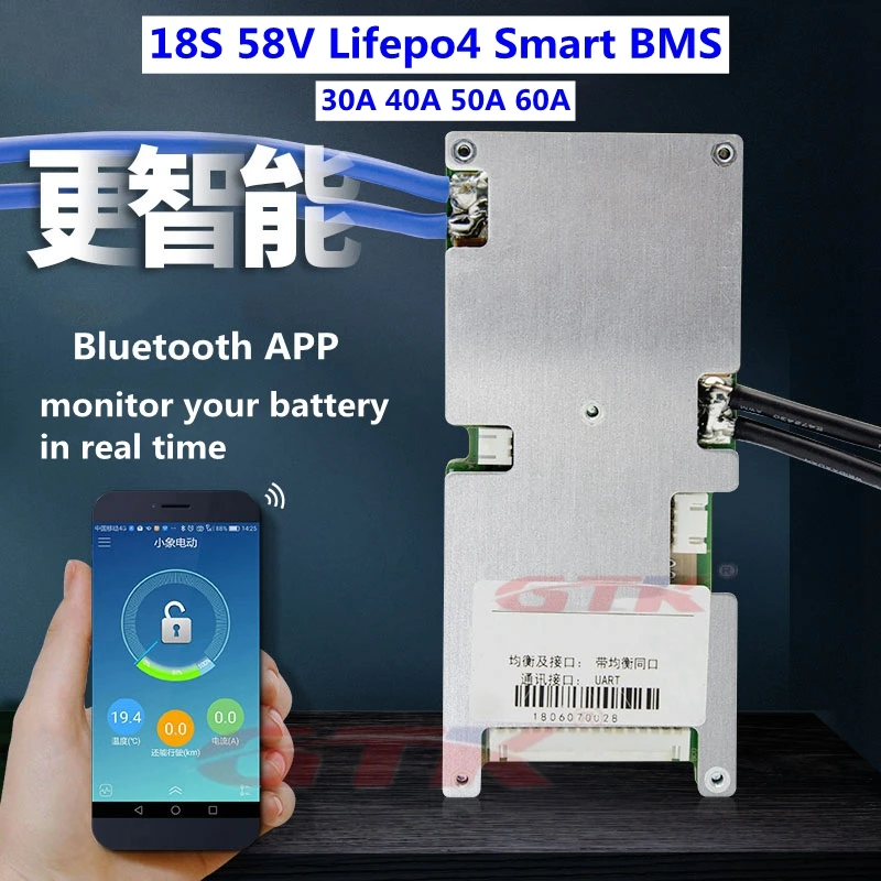 Умные BMS GTK 18S 58V 30A 40A 50A 60A с функцией связи через приложение bluetooth для литиевых