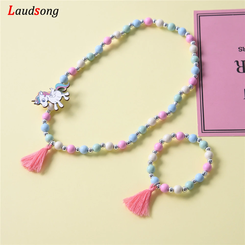 Детский милый мультяшный деревянный цветок Единорог свитер ожерелье браслет для