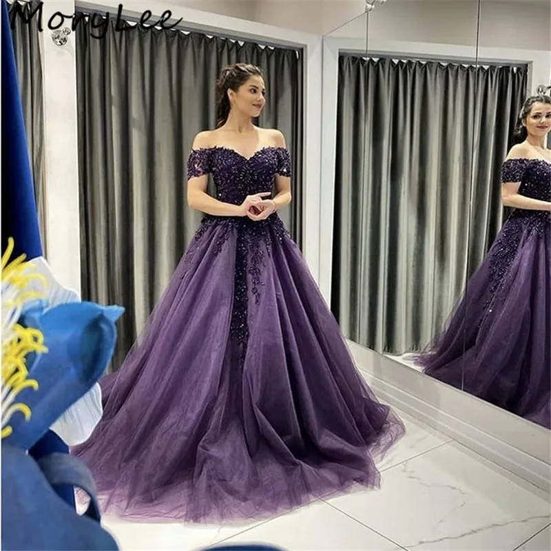 

Фиолетовые Вечерние платья с открытыми плечами, трапециевидные кружевные тюлевые вечерние платья с аппликацией и кристаллами из бисера